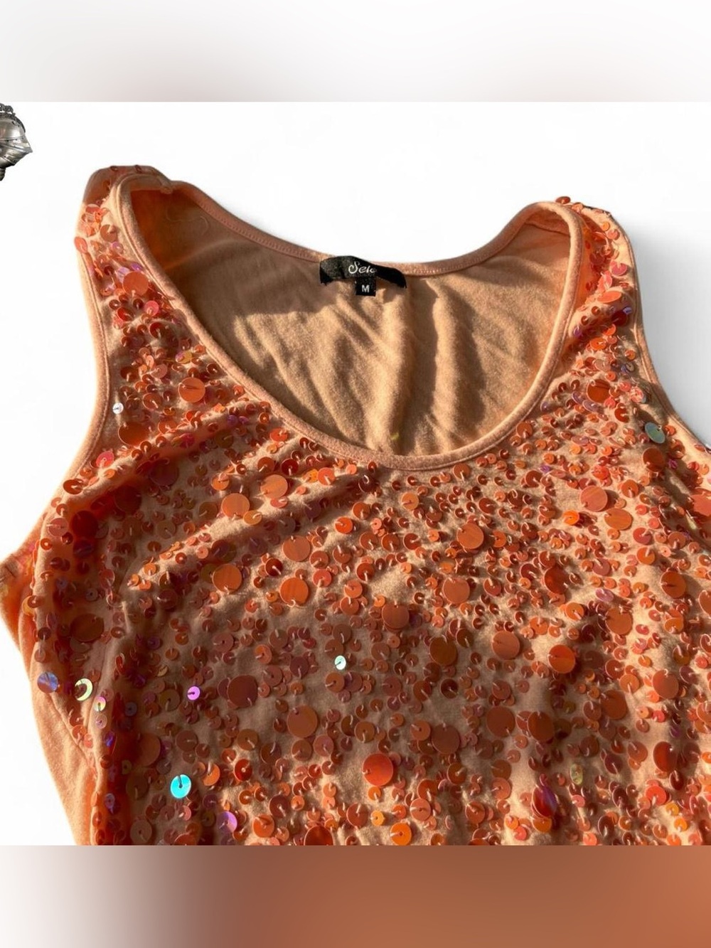 2000s Y2K Selé apricot iridescent sequin embellished mermaid tank top